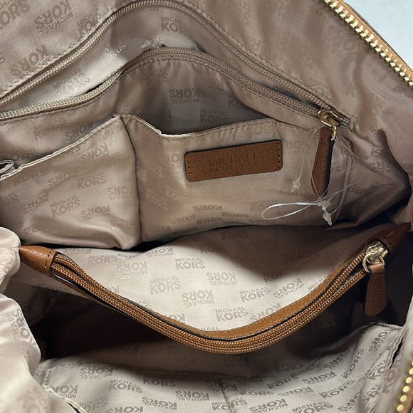 Michael Kors Naomi Bowling Purse Bag Leather Braided Handle Satchel Cognac Brown - Picture 9 of 10